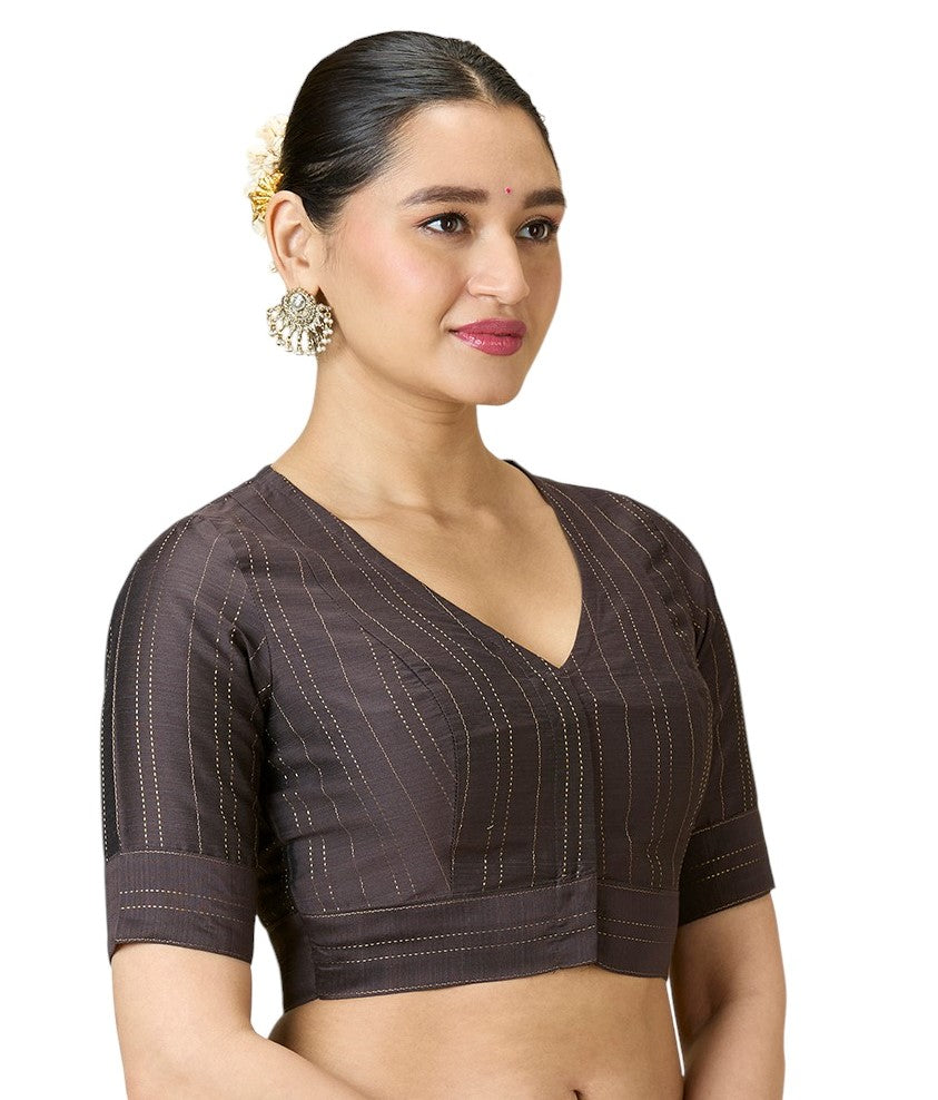 Studio Shringaar Women's Grey Cotton Silk Blended Saree Blouse with Zari Stripes(Design 2889)