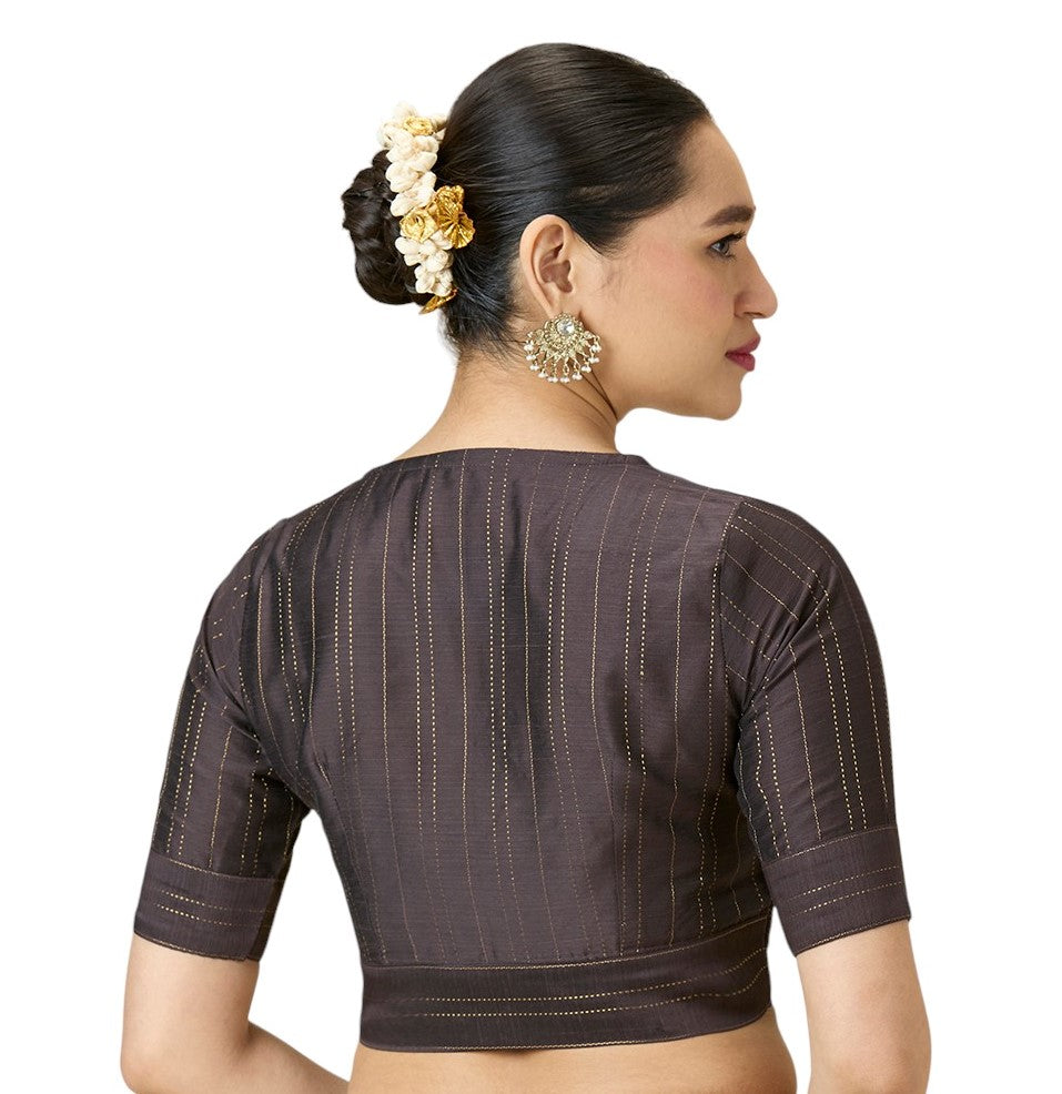 Studio Shringaar Women's Grey Cotton Silk Blended Saree Blouse with Zari Stripes(Design 2889)