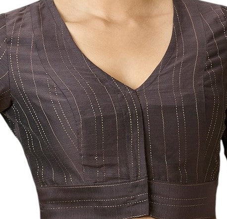 Studio Shringaar Women's Grey Cotton Silk Blended Saree Blouse with Zari Stripes(Design 2889)