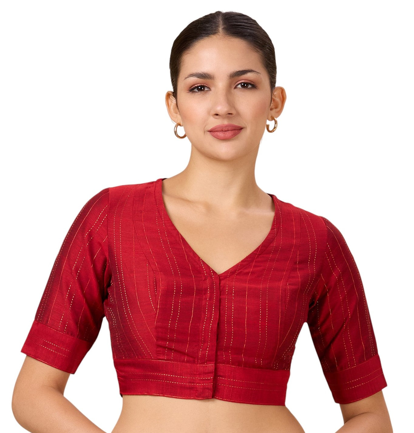 Studio Shringaar Women's Maroon Cotton Silk Blended Saree Blouse with Zari Stripes(Design 2889)
