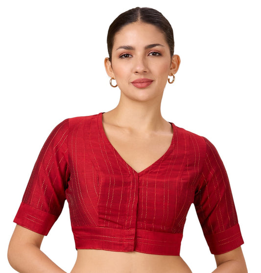 Studio Shringaar Women's Maroon Cotton Silk Blended Saree Blouse with Zari Stripes(Design 2889)
