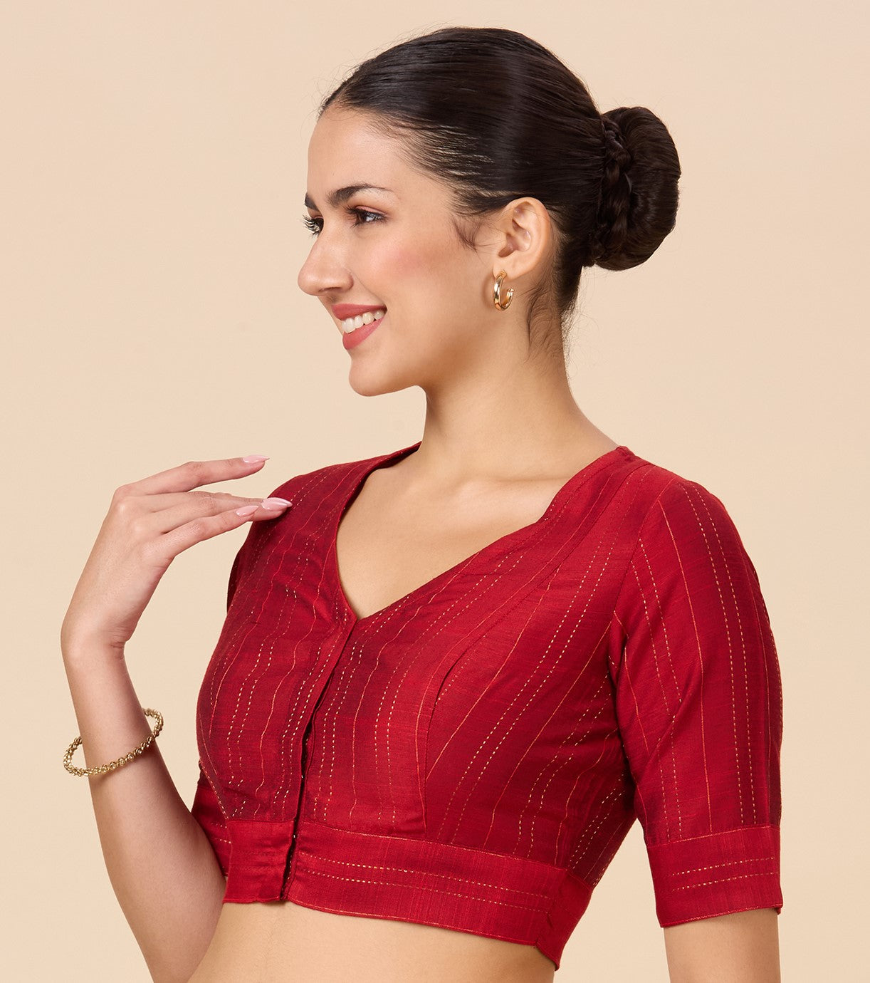 Studio Shringaar Women's Maroon Cotton Silk Blended Saree Blouse with Zari Stripes(Design 2889)