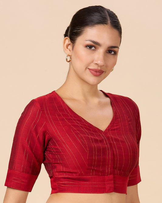 Studio Shringaar Women's Maroon Cotton Silk Blended Saree Blouse with Zari Stripes(Design 2889)