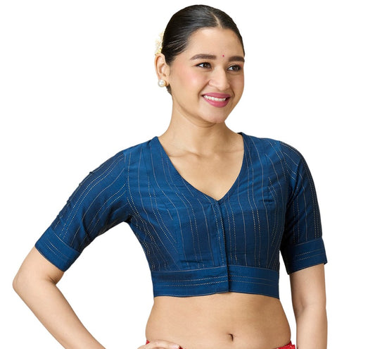 Studio Shringaar Women's Navy Blue Cotton Silk Blended Saree Blouse with Zari Stripes(Design 2889)