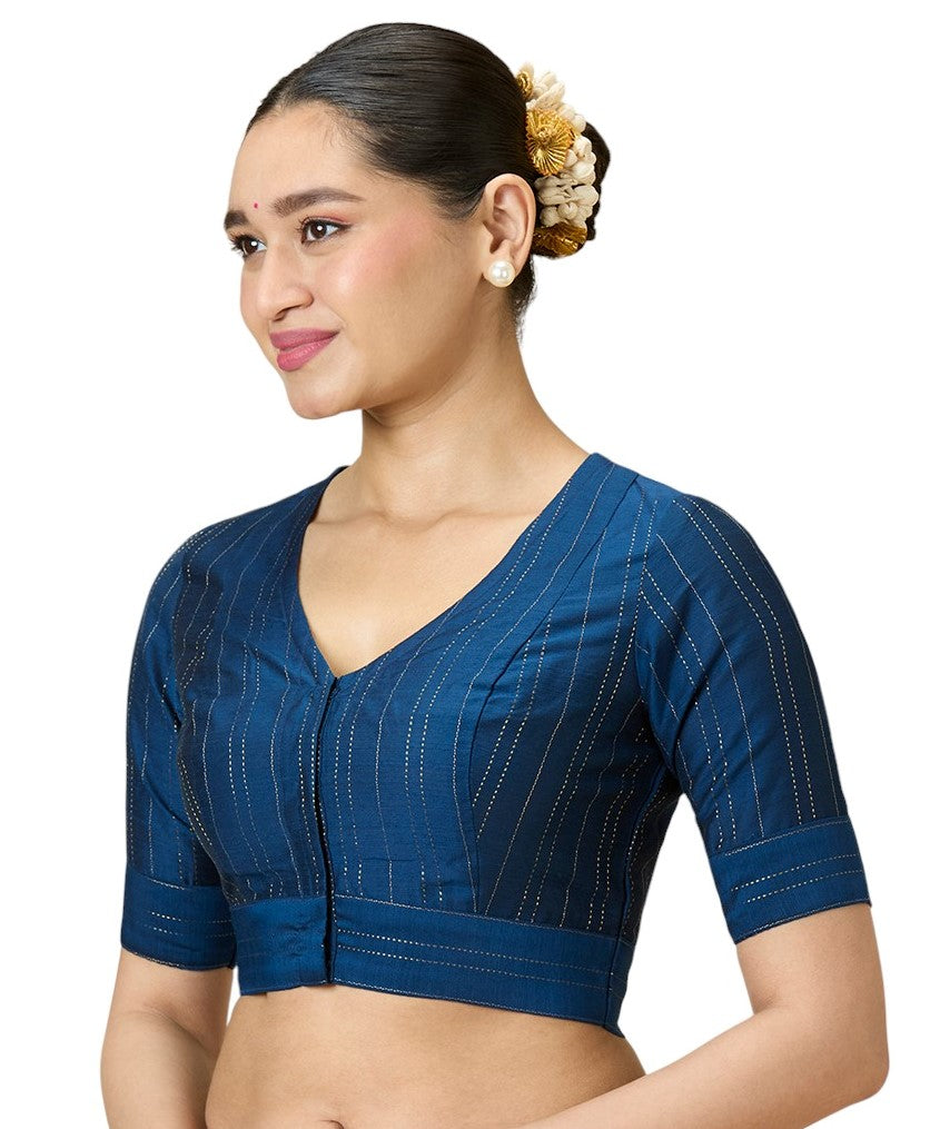 Studio Shringaar Women's Navy Blue Cotton Silk Blended Saree Blouse with Zari Stripes(Design 2889)