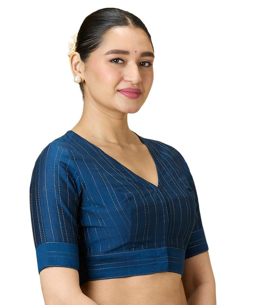 Studio Shringaar Women's Navy Blue Cotton Silk Blended Saree Blouse with Zari Stripes(Design 2889)