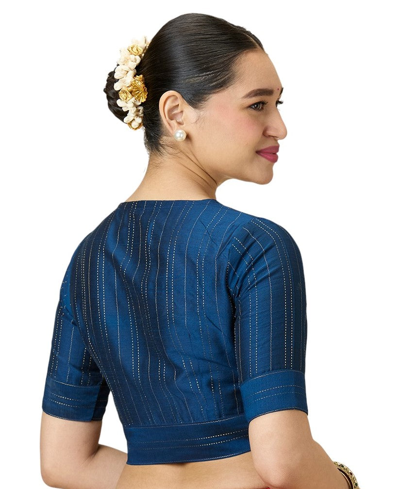 Studio Shringaar Women's Navy Blue Cotton Silk Blended Saree Blouse with Zari Stripes(Design 2889)