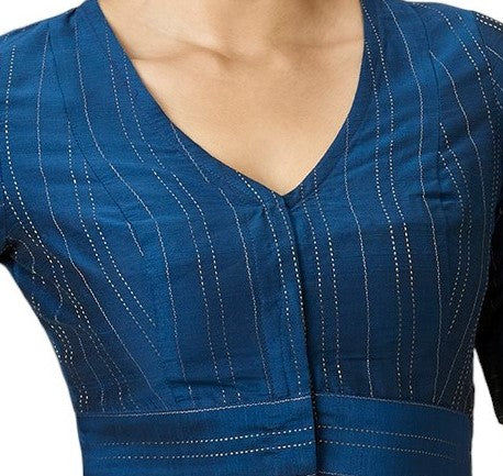 Studio Shringaar Women's Navy Blue Cotton Silk Blended Saree Blouse with Zari Stripes(Design 2889)