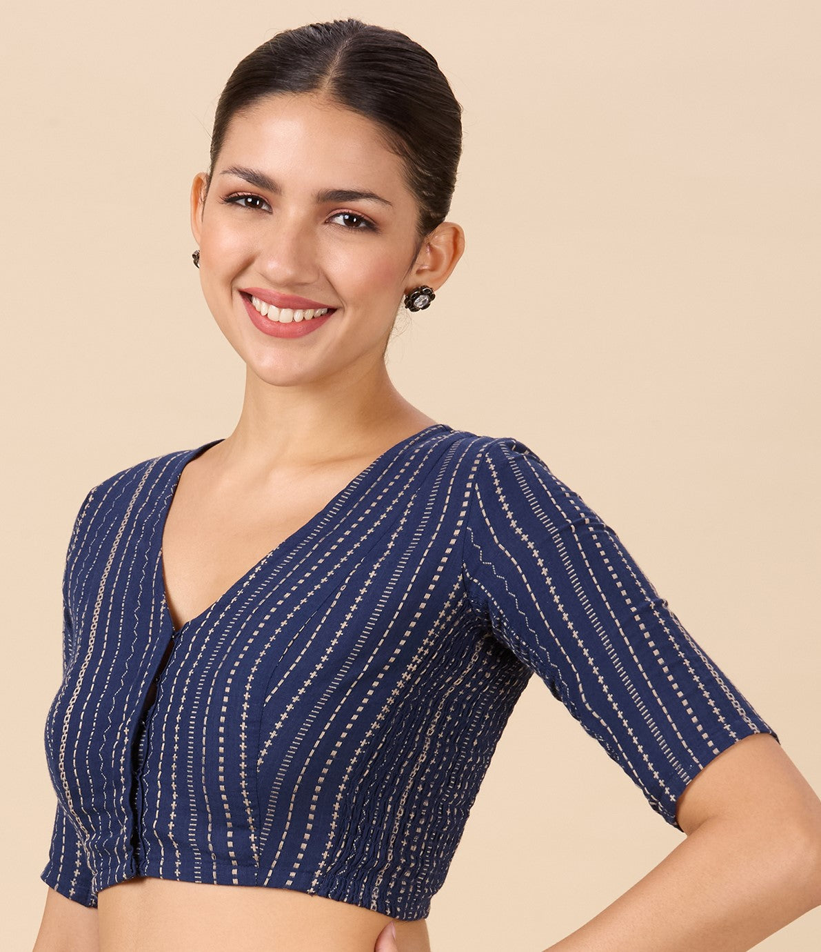 Studio Shringaar Women's Navy Blue Cotton Handloom Stripes Stretchable (Smocked) Readymade Saree Blouse(Design 2891)