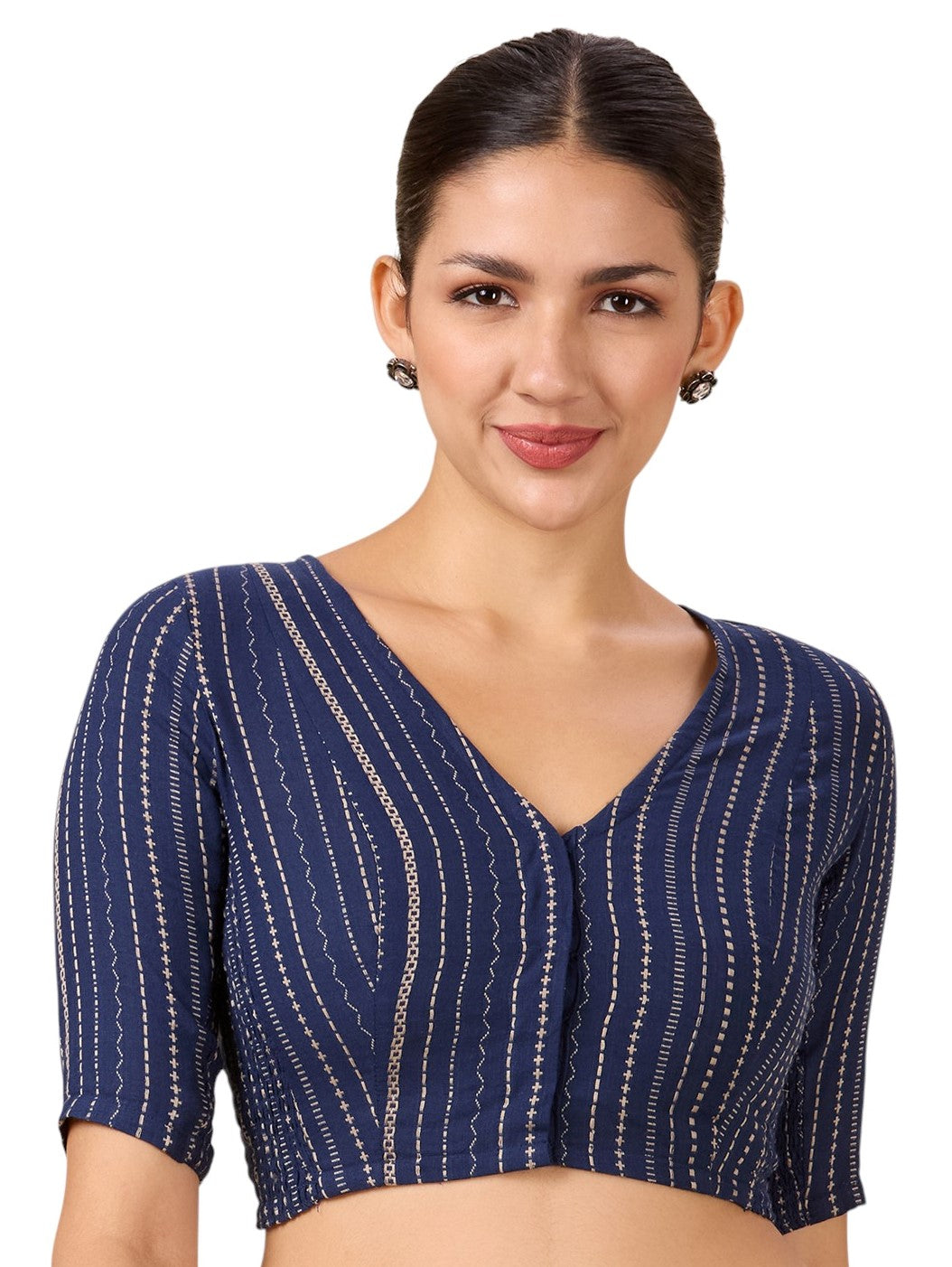 Studio Shringaar Women's Navy Blue Cotton Handloom Stripes Stretchable (Smocked) Readymade Saree Blouse(Design 2891)
