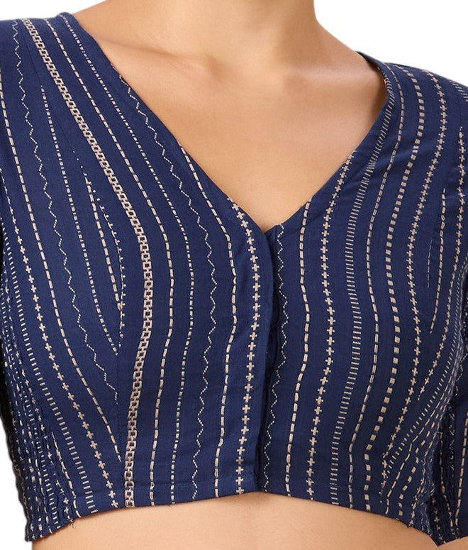 Studio Shringaar Women's Navy Blue Cotton Handloom Stripes Stretchable (Smocked) Readymade Saree Blouse(Design 2891)