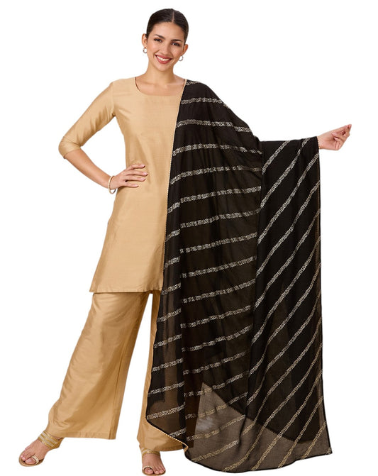 Women's Silky Polyester Full Size Dupatta With Golden Lehariya Print (42" X 2.5 Meters) (2892 -Black)