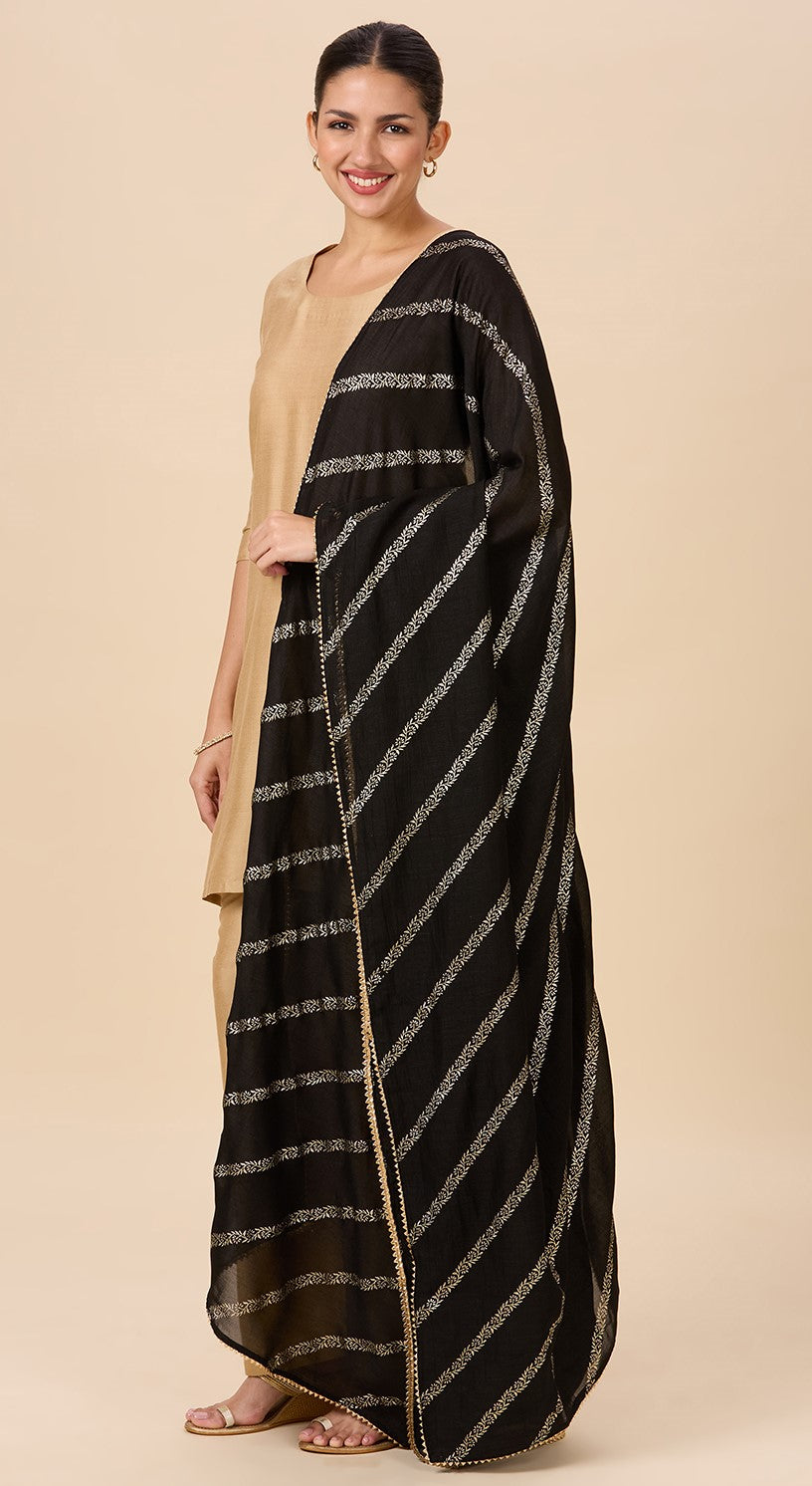 Women's Silky Polyester Full Size Dupatta With Golden Lehariya Print (42" X 2.5 Meters) (2892 -Black)