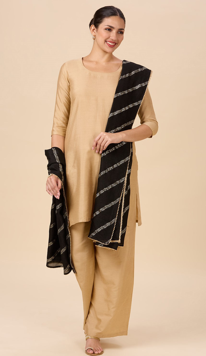 Women's Silky Polyester Full Size Dupatta With Golden Lehariya Print (42" X 2.5 Meters) (2892 -Black)