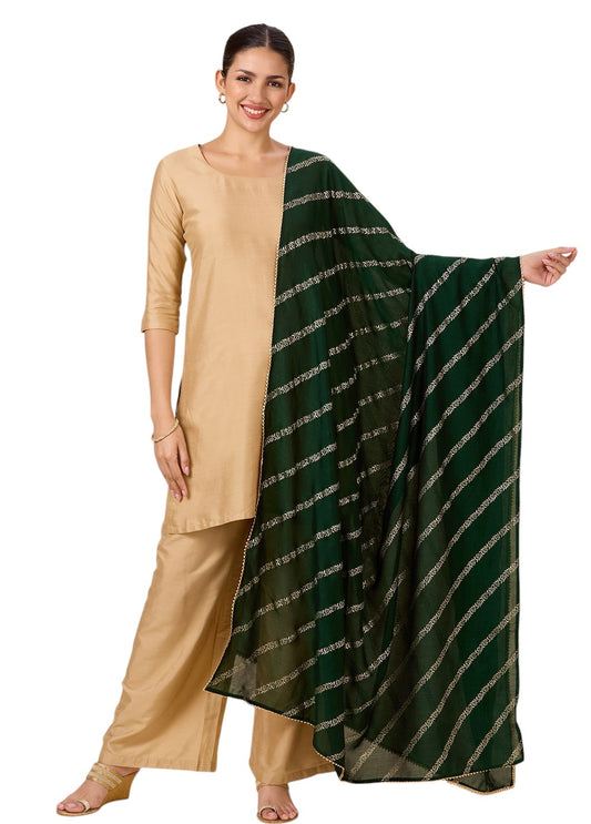 Women's Silky Polyester Full Size Dupatta With Golden Lehariya Print (42" X 2.5 Meters) (2892 - Green)