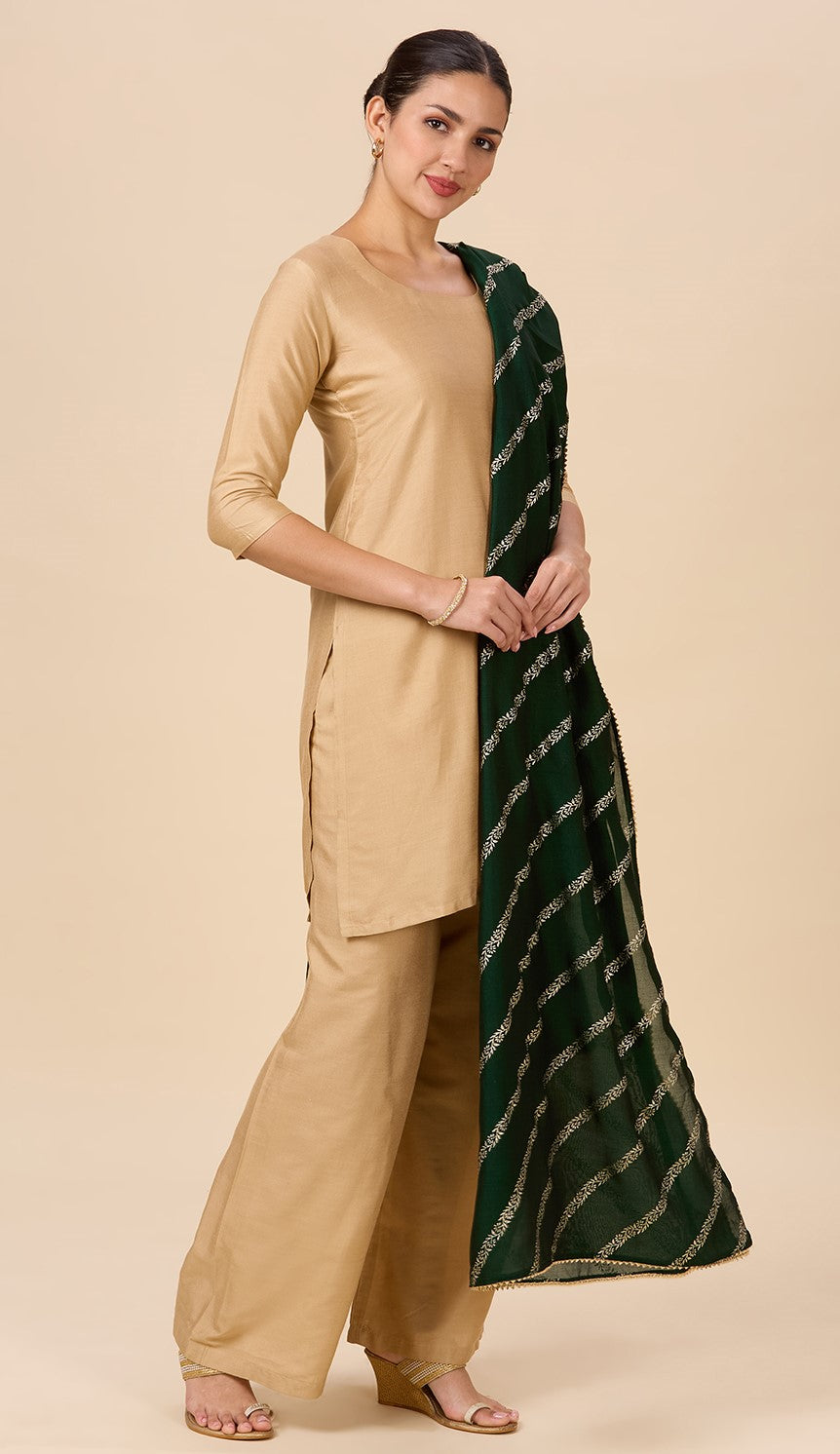 Women's Silky Polyester Full Size Dupatta With Golden Lehariya Print (42" X 2.5 Meters) (2892 - Green)