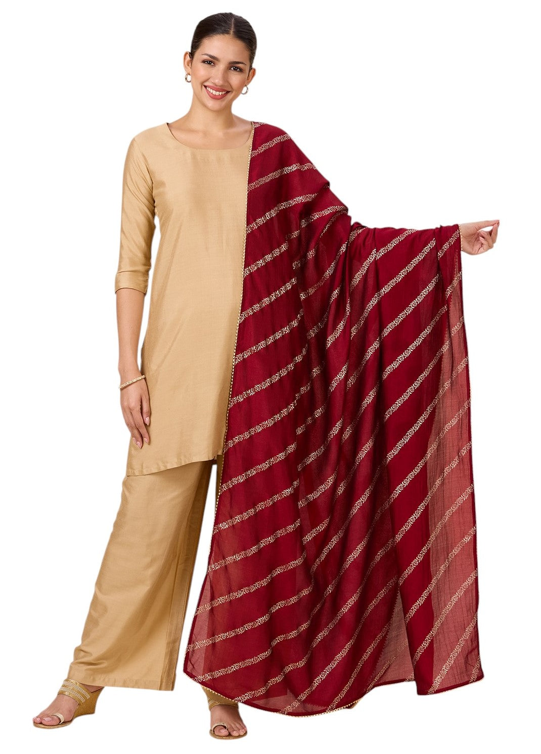 Women's Silky Polyester Full Size Dupatta With Golden Lehariya Print (42" X 2.5 Meters) (2892 -Maroon)