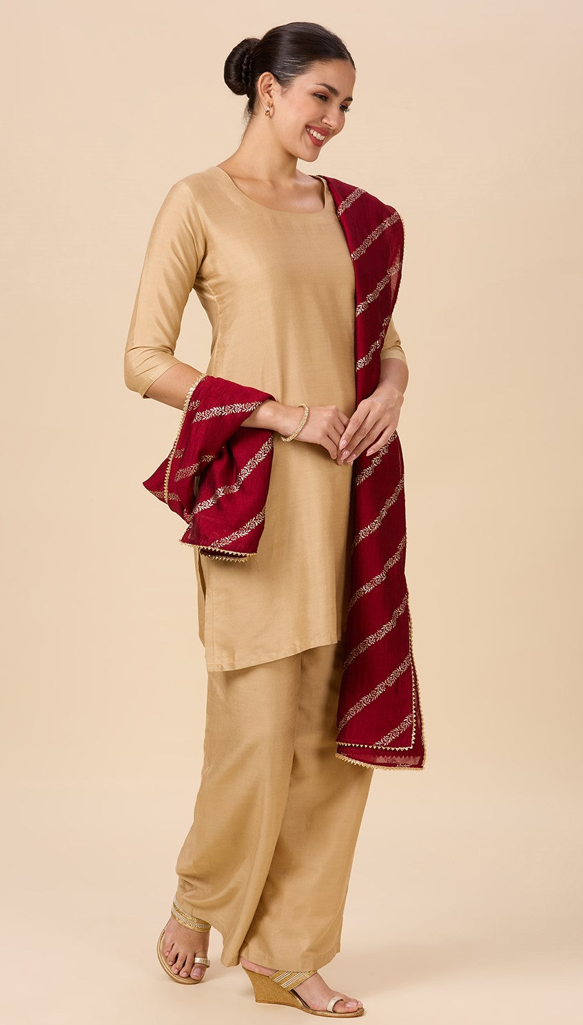 Women's Silky Polyester Full Size Dupatta With Golden Lehariya Print (42" X 2.5 Meters) (2892 -Maroon)