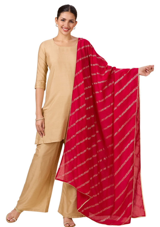 Women's Silky Polyester Full Size Dupatta With Golden Lehariya Print (42" X 2.5 Meters) (2892 - Pink)