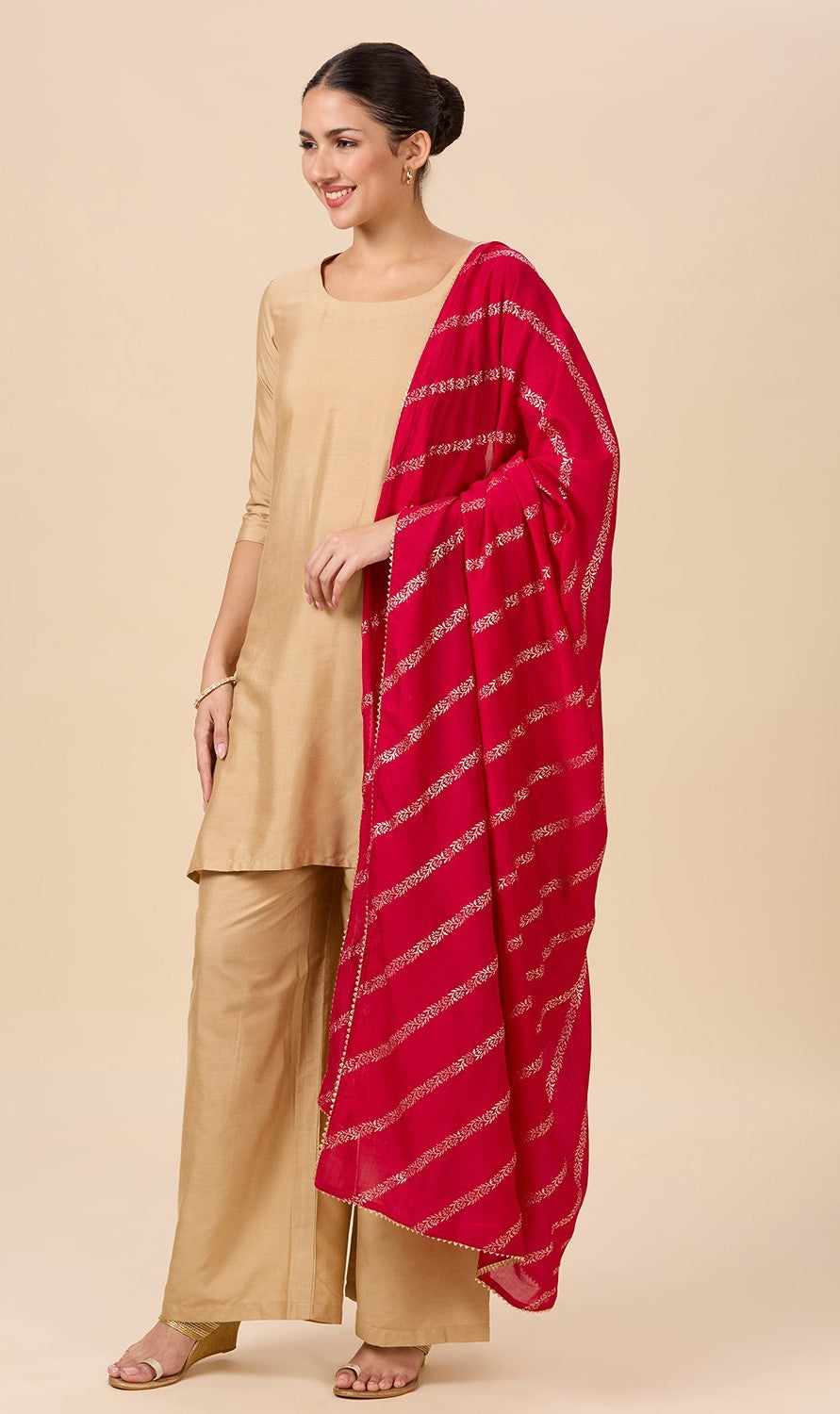 Women's Silky Polyester Full Size Dupatta With Golden Lehariya Print (42" X 2.5 Meters) (2892 - Pink)