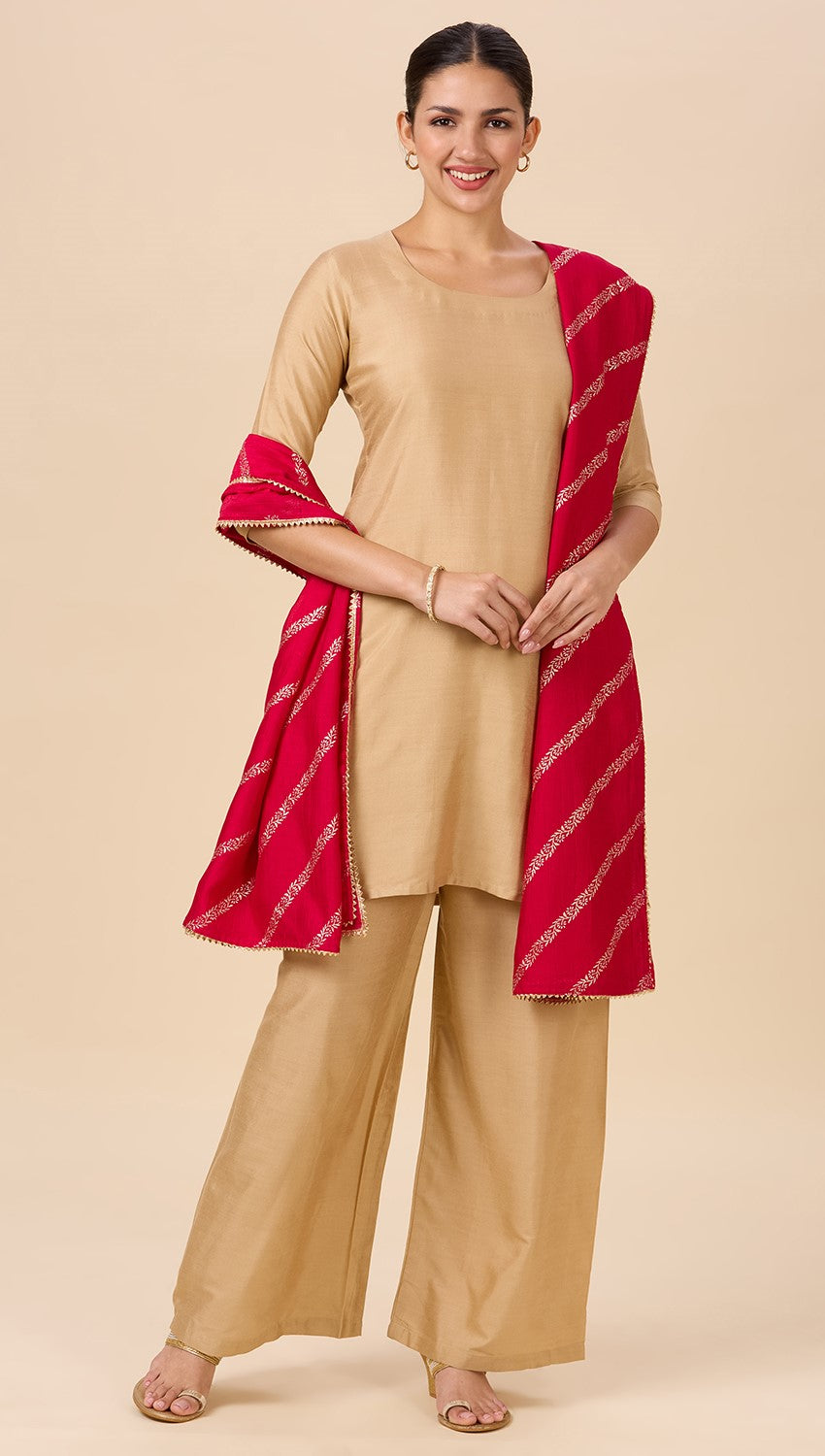 Women's Silky Polyester Full Size Dupatta With Golden Lehariya Print (42" X 2.5 Meters) (2892 - Pink)