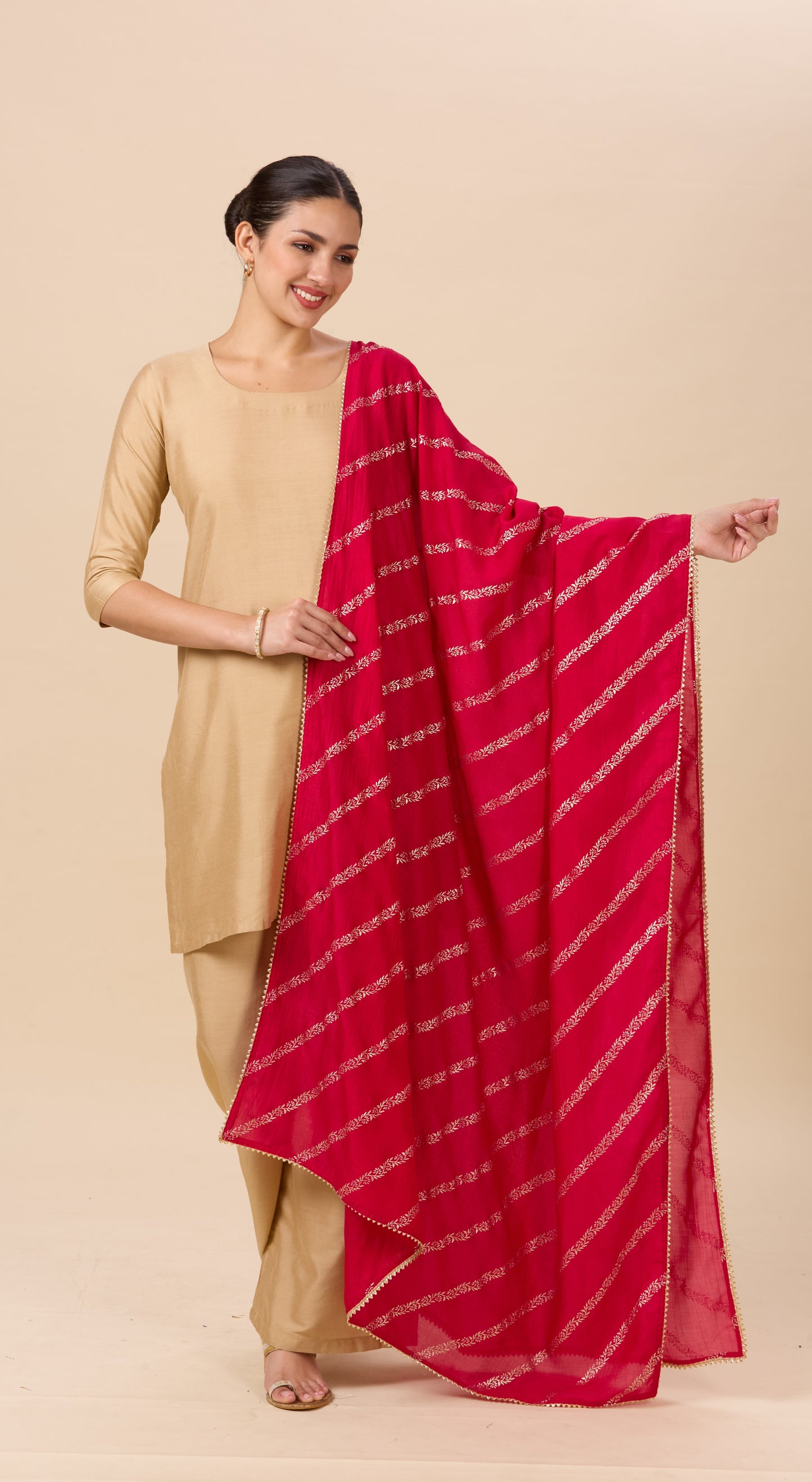 Women's Silky Polyester Full Size Dupatta With Golden Lehariya Print (42" X 2.5 Meters) (2892 - Pink)