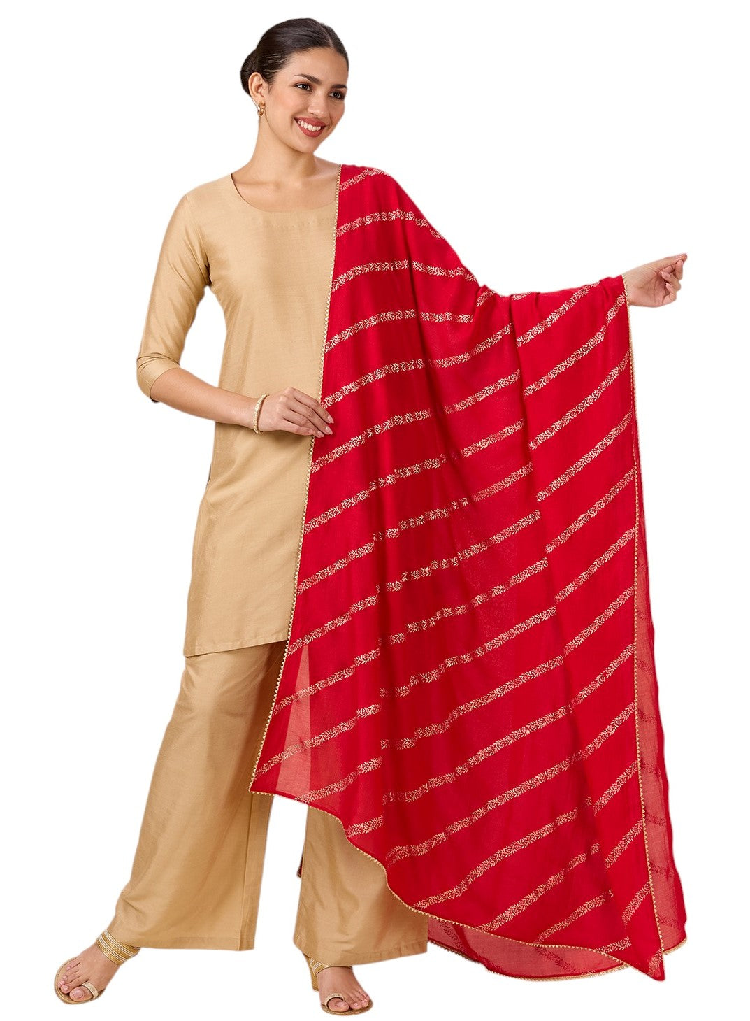 Women's Silky Polyester Full Size Dupatta With Golden Lehariya Print (42" X 2.5 Meters) (2892 - Red)