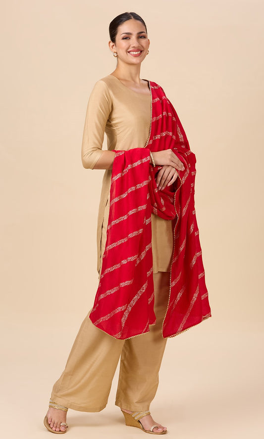 Women's Silky Polyester Full Size Dupatta With Golden Lehariya Print (42" X 2.5 Meters) (2892 - Red)