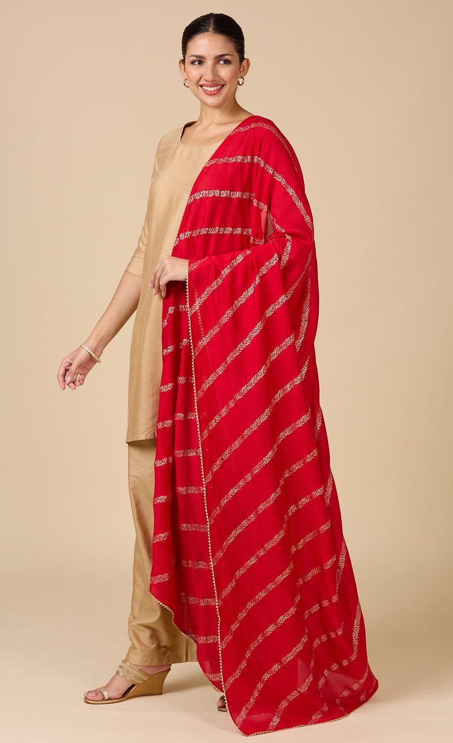 Women's Silky Polyester Full Size Dupatta With Golden Lehariya Print (42" X 2.5 Meters) (2892 - Red)