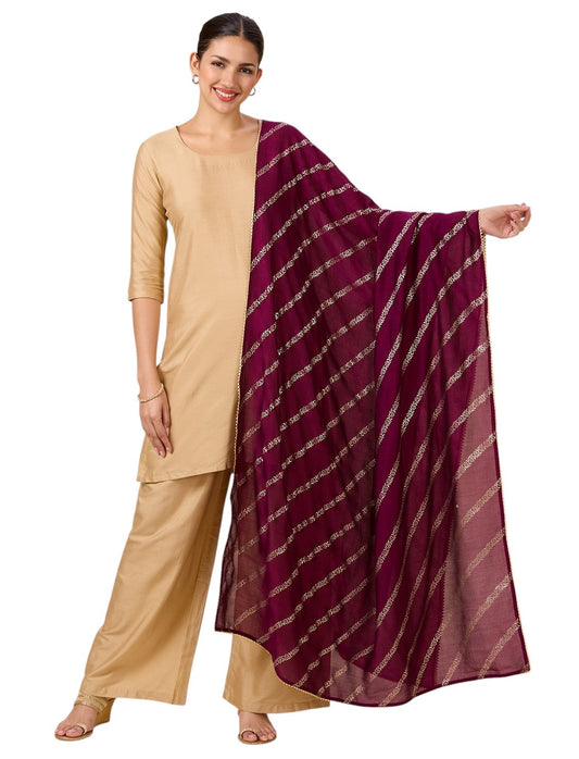 Women's Silky Polyester Full Size Dupatta With Golden Lehariya Print (42" X 2.5 Meters) (2892 - Wine)