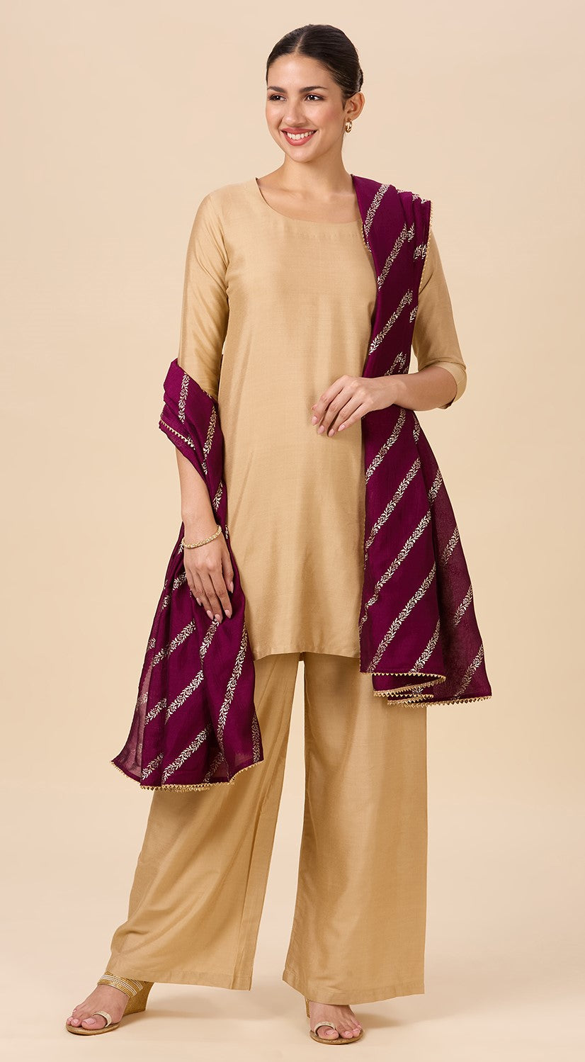 Women's Silky Polyester Full Size Dupatta With Golden Lehariya Print (42" X 2.5 Meters) (2892 - Wine)