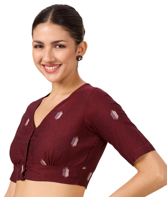 Studio Shringaar Women's Maroon Pure Cotton Soft Ikat Front Open Readymade Saree Blouse (Design 2895)