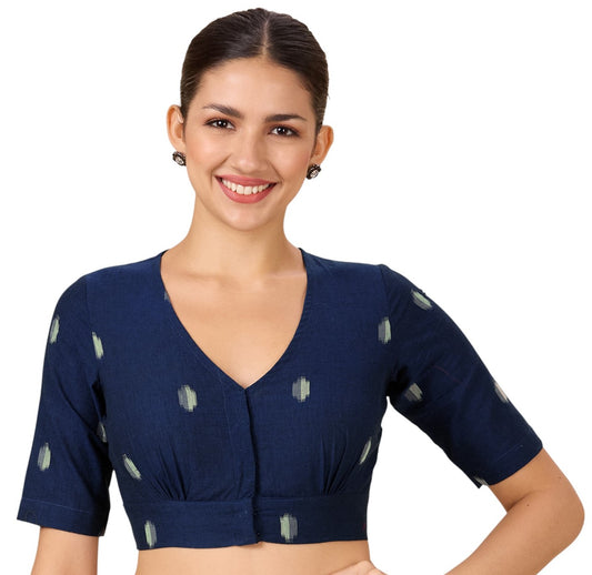 Studio Shringaar Women's Navy Blue Pure Cotton Soft Ikat Front Open Readymade Saree Blouse (Design 2895)