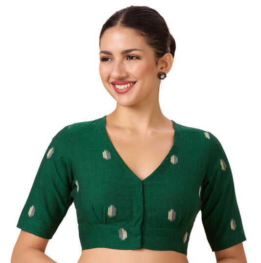 Studio Shringaar Women's Green Pure Cotton Soft Ikat Front Open Readymade Saree Blouse (Design 2895)
