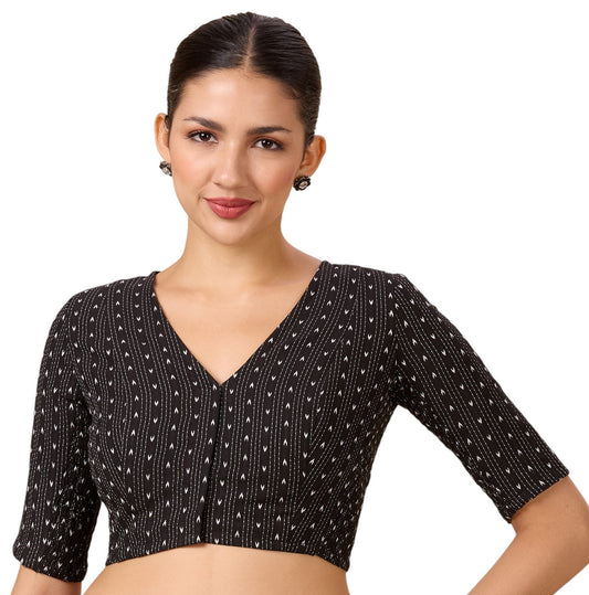 Studio Shringaar Women's Black Cotton Handloom Stretchable (Smocked) Readymade Saree Blouse(Design 2896)