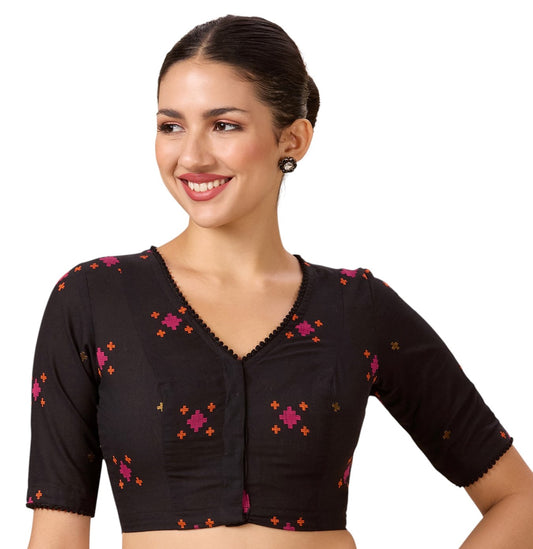 Studio Shringaar Women's Black Cotton Multicoloured Ikat Readymade Saree Blouse(Design 2897)