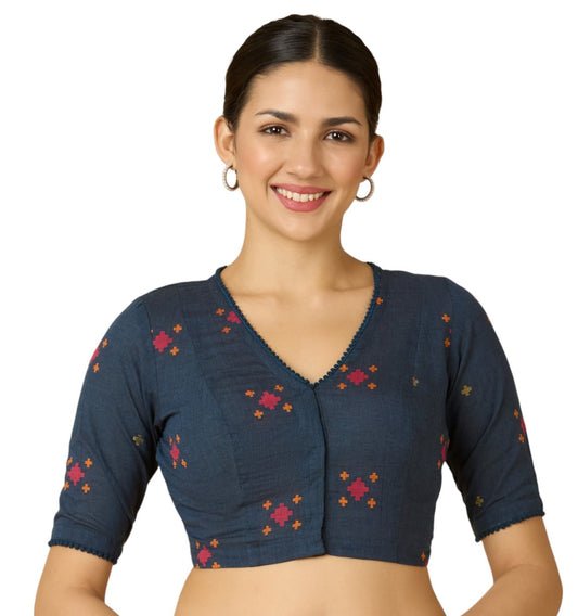 Studio Shringaar Women's Navy Blue Cotton Multicoloured Ikat Readymade Saree Blouse(Design 2897)