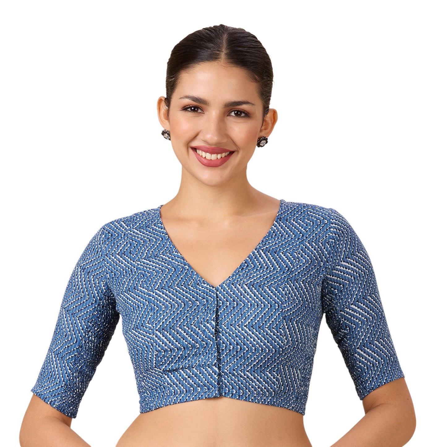 Studio Shringaar Women's Blue Pottery Printed Cotton Saree Blouse with Stretchable Sides(Design 2898)