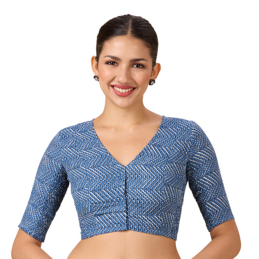 Studio Shringaar Women's Blue Pottery Printed Cotton Saree Blouse with Stretchable Sides(Design 2898)