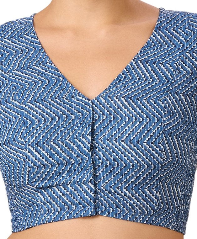 Studio Shringaar Women's Blue Pottery Printed Cotton Saree Blouse with Stretchable Sides(Design 2898)