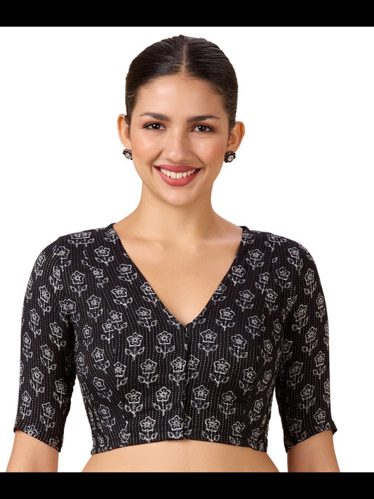 Studio Shringaar Women's Black Handloom Cotton Block Printed Saree Blouse with Stretchable Sides (Design 2899)