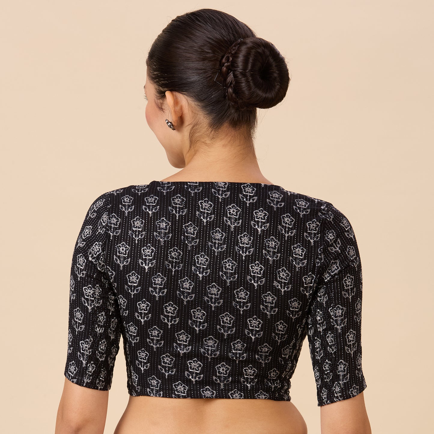 Studio Shringaar Women's Black Handloom Cotton Block Printed Saree Blouse with Stretchable Sides (Design 2899)