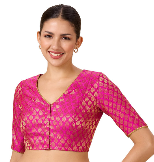 Studio Shringaar Women's Pink Brocade V-Neck Readymade Saree Blouse (Design 2900)