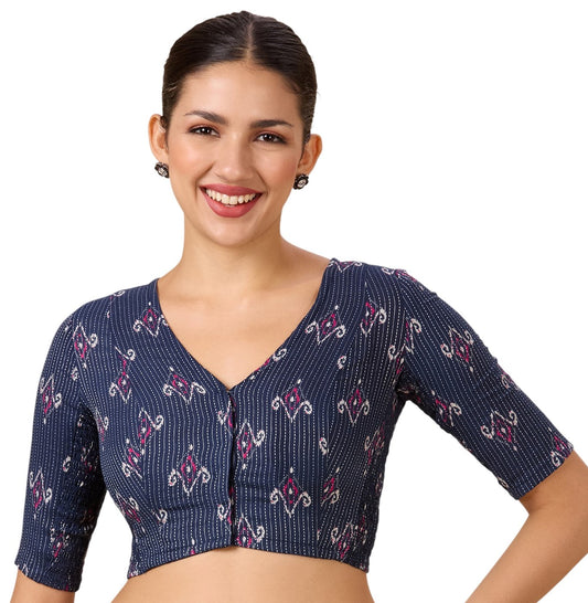 Studio Shringaar Women's Blue Cotton Handloom Ikat Stretchable (Smocked) Readymade Saree Blouse(Design 2901)