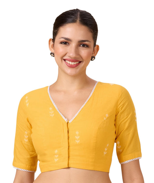 Studio Shringaar Women's Yellow Pure Handloom Cotton Saree Blouse with Delicate Woven Flowers (Design 2902)