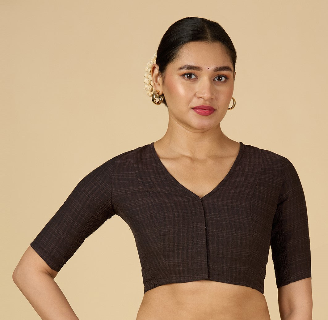 Women's Brown Cotton Madras Checks Saree Blouse with Stretchable Sides (Design 2903)