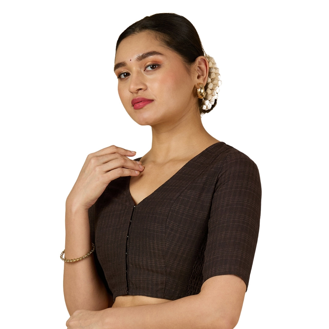 Women's Brown Cotton Madras Checks Saree Blouse with Stretchable Sides (Design 2903)