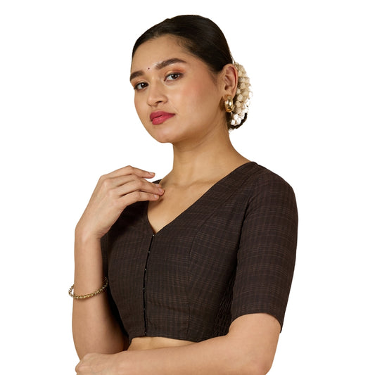Women's Brown Cotton Madras Checks Saree Blouse with Stretchable Sides (Design 2903)