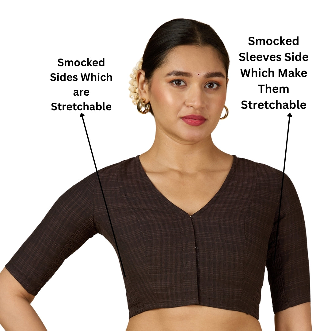 Women's Brown Cotton Madras Checks Saree Blouse with Stretchable Sides (Design 2903)