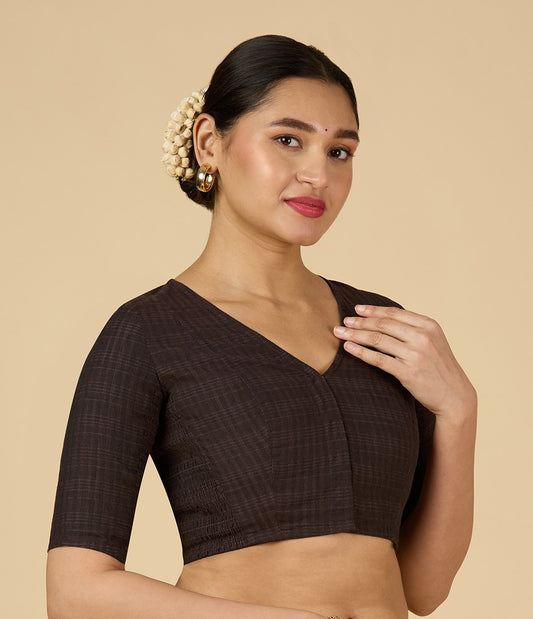 Women's Brown Cotton Madras Checks Saree Blouse with Stretchable Sides (Design 2903)